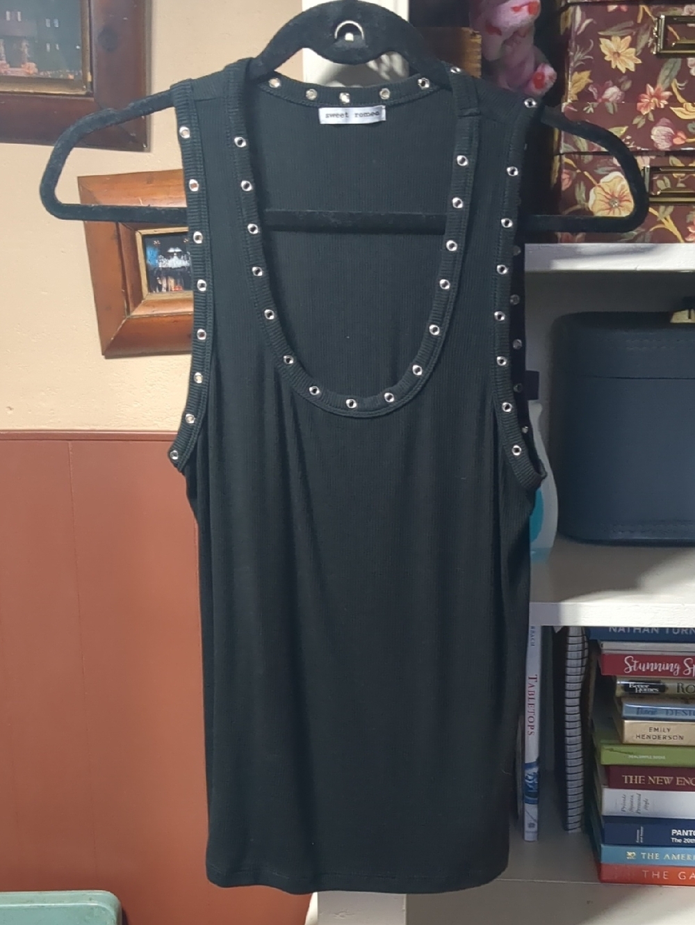 Sweet Romeo Black Ribbed Tank with Silver Grommet Trim